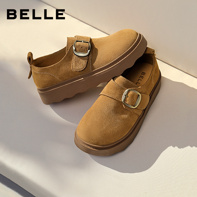 百丽毛毛勃肯乐福鞋女冬季新款厚底雪地靴加绒保暖棉鞋子E5N1DD预