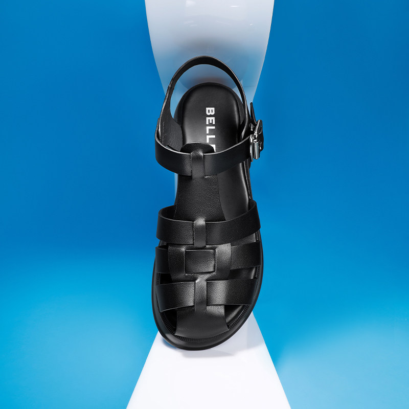 百丽镂空猪笼2023新款夏季真皮女鞋 百丽罗马凉鞋