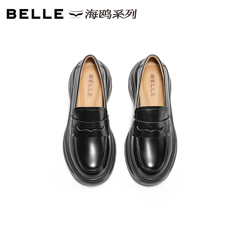 百丽厚底增高运动乐福鞋女2025新款黑色小皮鞋深口单鞋子D2T1DAA5 - 图1