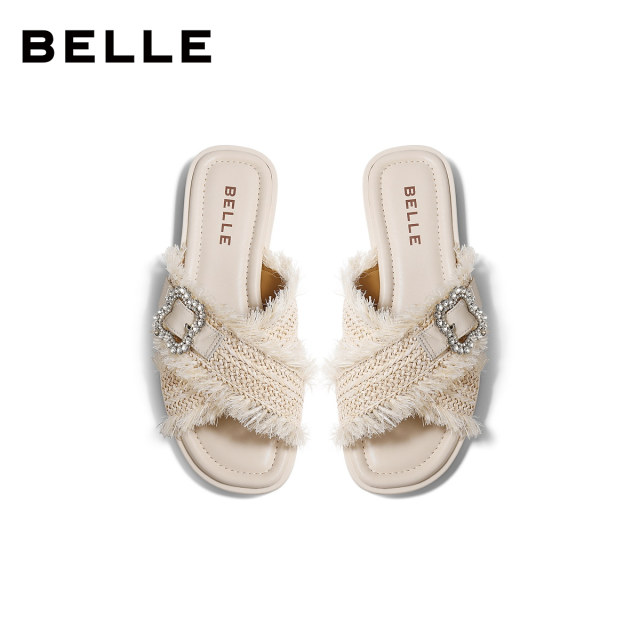 Belle resort-style straw slippers for women 2026 Xia Xin lightweight thin-soled rhinestone buckle slippers B3164BT6 pre-