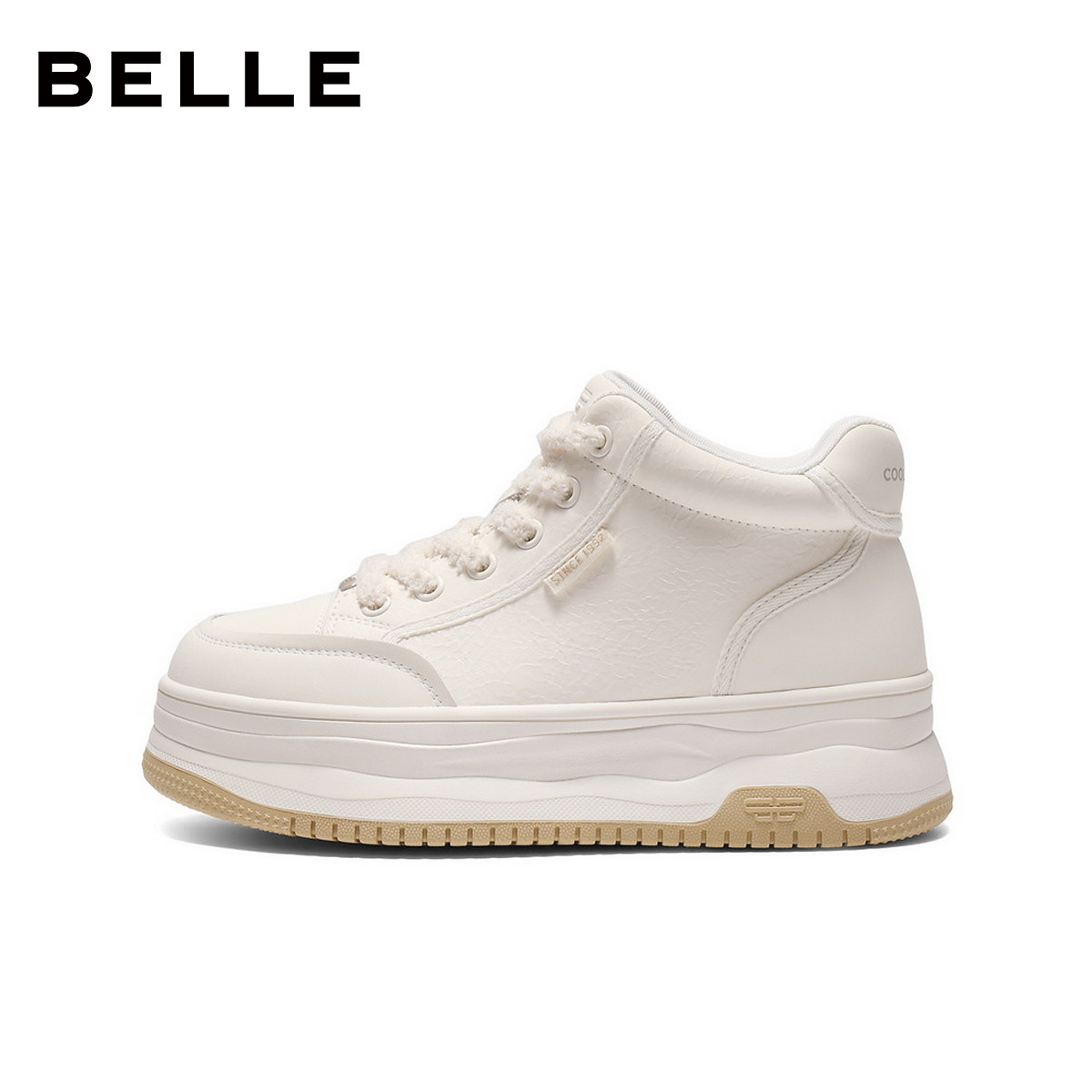 百丽厚底加绒高帮鞋女鞋冬季新款棉鞋增高鞋百搭小白板鞋E6S1DDD5