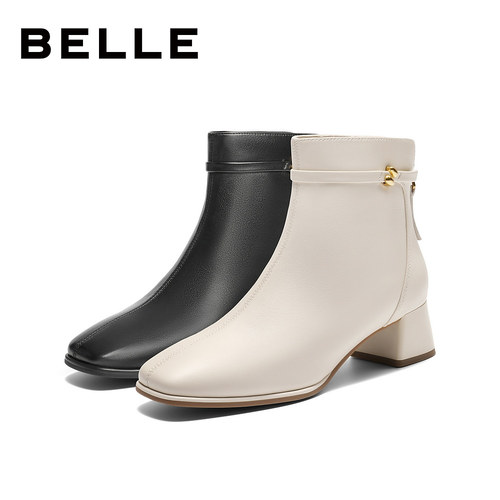 百丽超软羊皮显瘦女靴粗高跟时装靴冬新款加绒短筒靴子3LI44DD5 - 图3