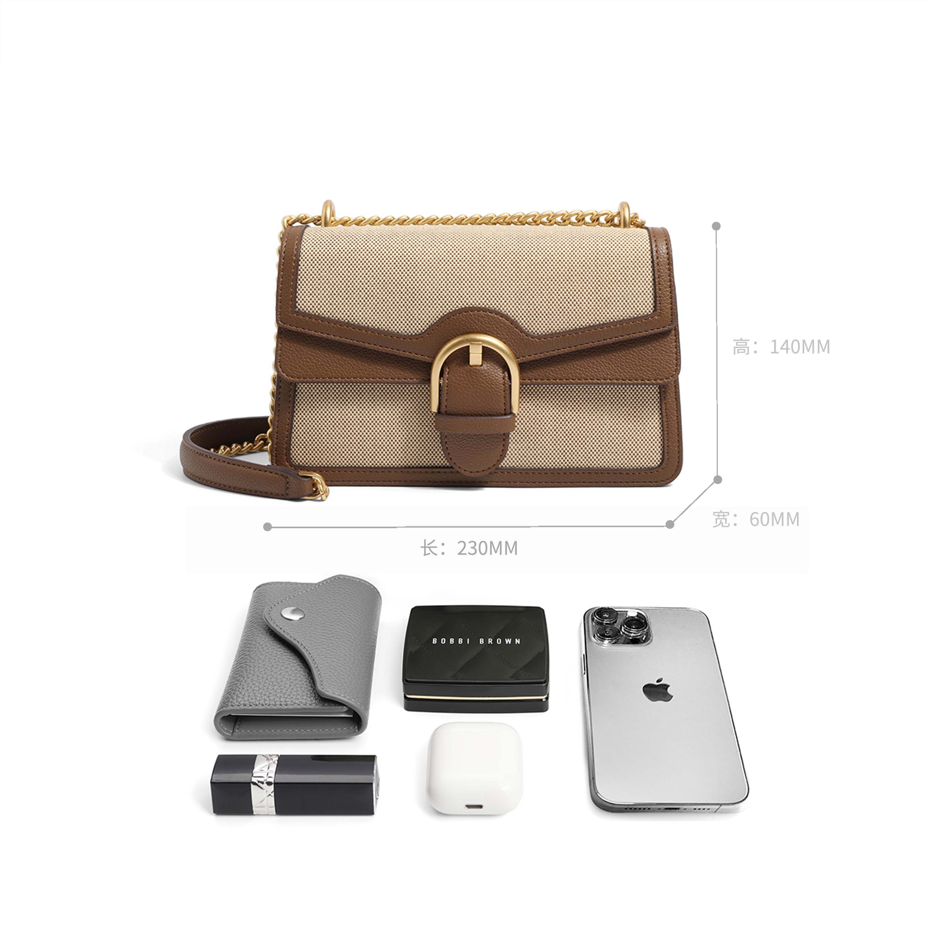 百丽小方包2022棕色小众轻奢单肩包 百丽女士包袋