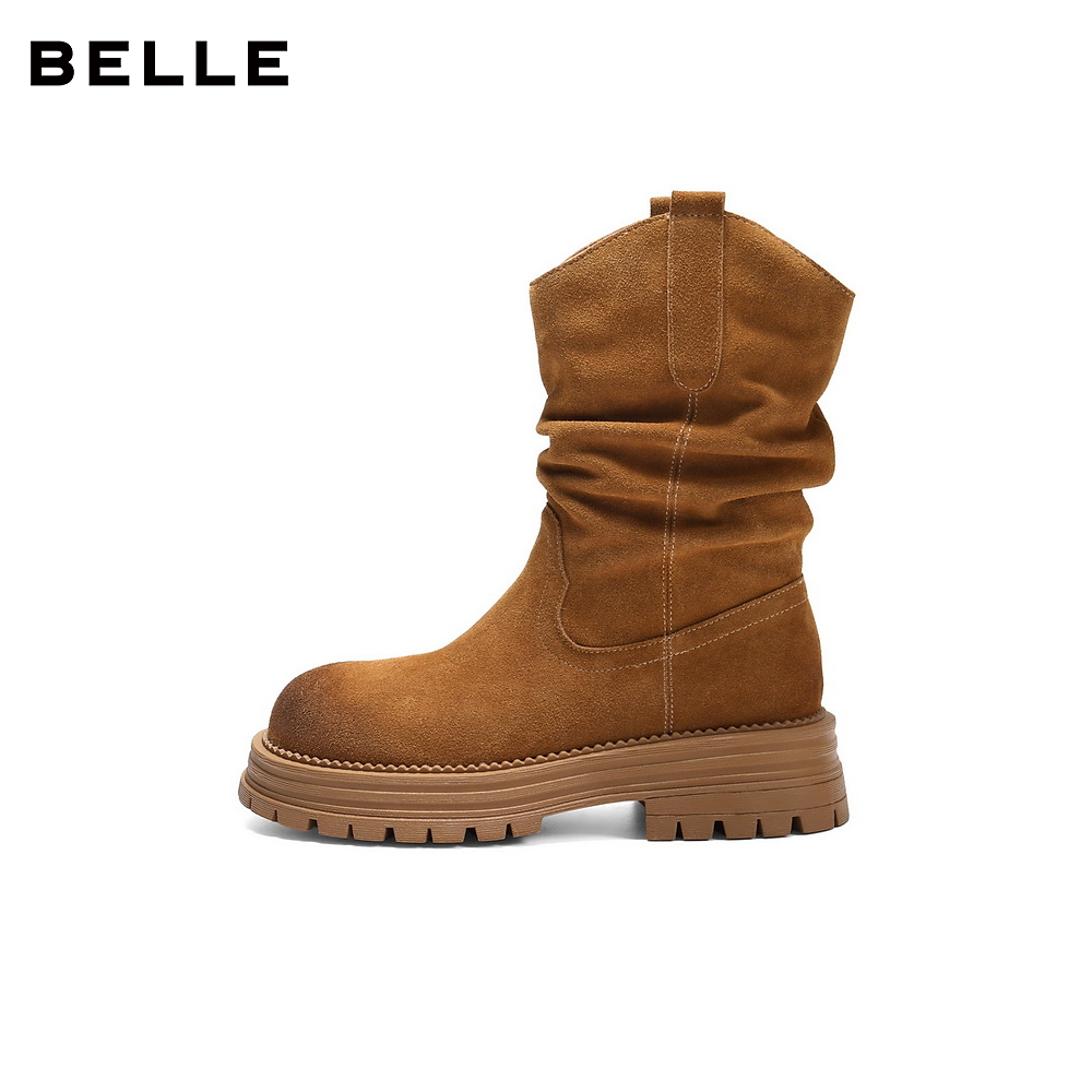 百丽女靴子复古西部靴堆堆靴户外2025冬季新款厚底中筒靴B2878DZ5 - 图0