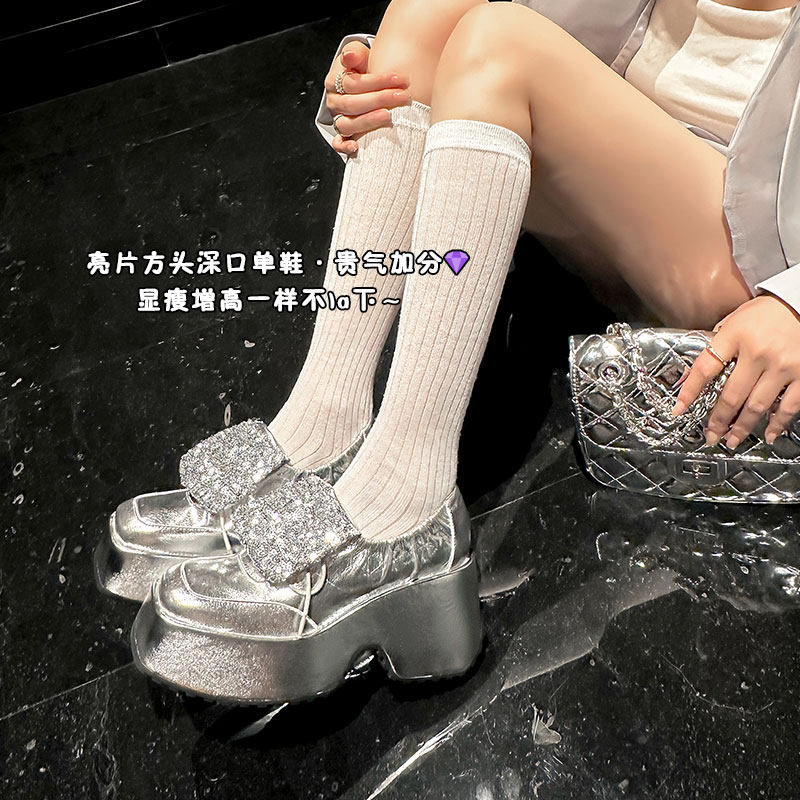 松糕底坡跟深口单鞋女2025秋季新款真皮银色防水台厚底高跟小皮鞋,淘宝优惠券,粉丝福利购,淘宝优惠卷