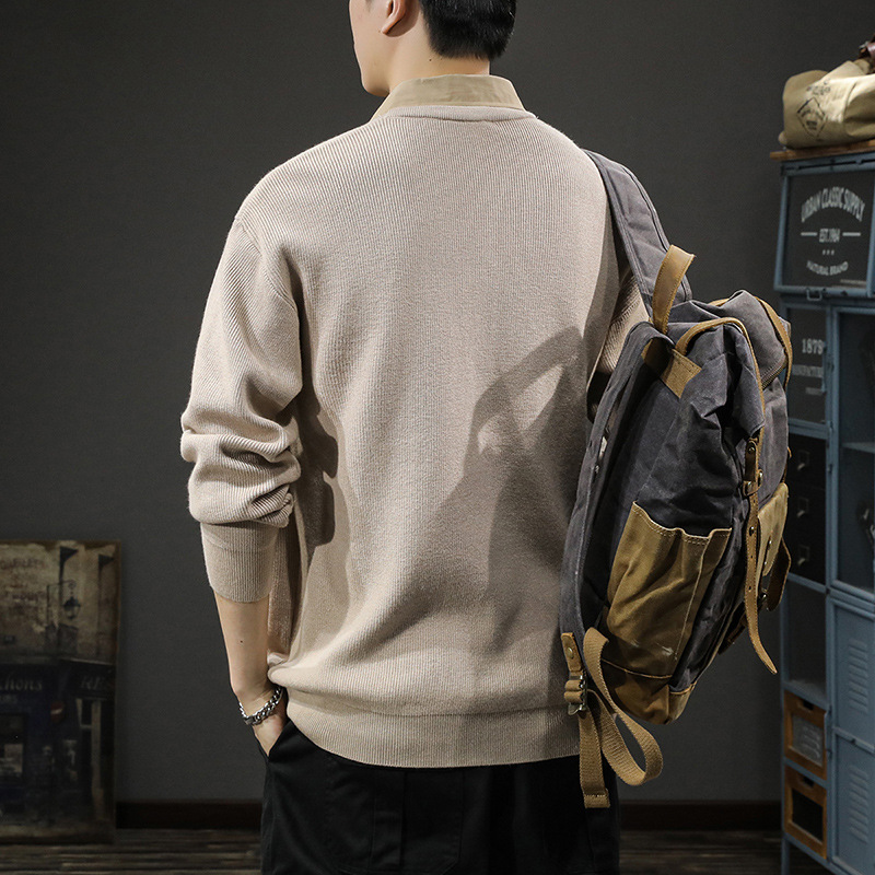 秋冬新款慵懒风翻领毛衣男假两件衬衫领针织衫美式休闲宽松打底衫 - 图0