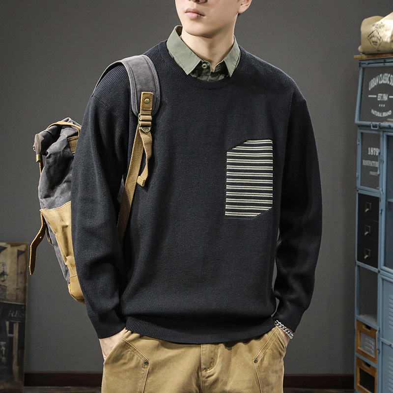 秋冬新款慵懒风翻领毛衣男假两件衬衫领针织衫美式休闲宽松打底衫 - 图2