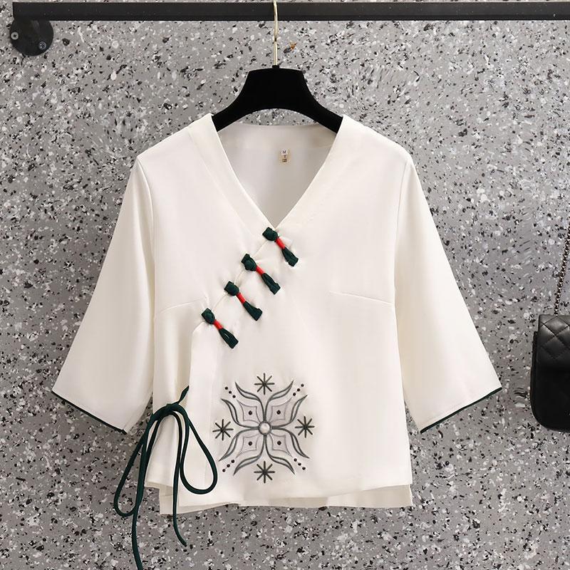 胖mm300斤大码中国风新中式盘扣唐装旗袍上衣+改良简约裤子套装潮 - 图0