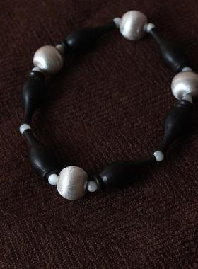 FHSTUDIO原创设计黑檀木花瓶925纯银磨砂珠手镯手串新中式