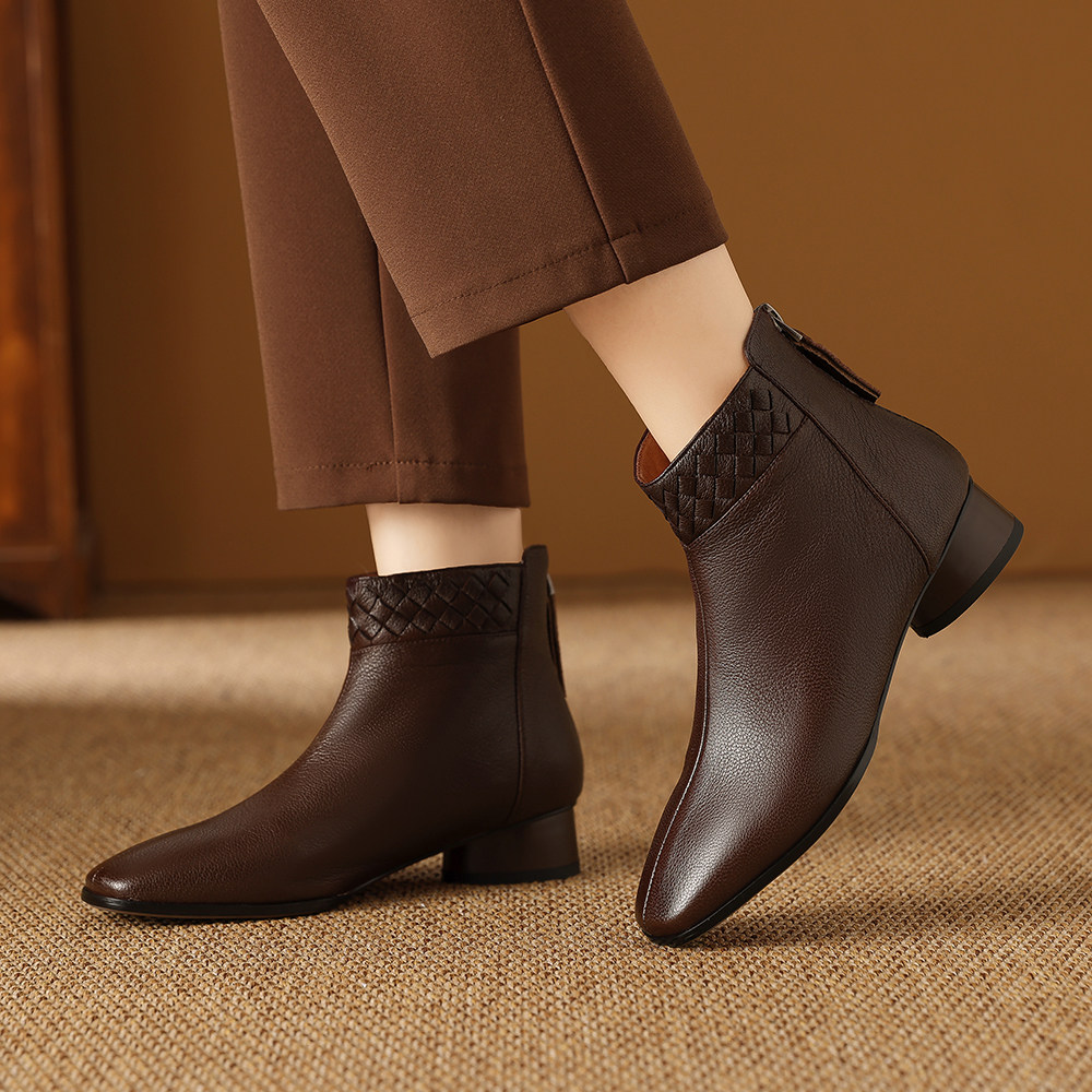 2025秋冬真皮女短靴低跟小方头踝靴保暖短筒靴中年妈妈单靴H158-7,淘宝优惠券,粉丝福利购,淘宝优惠卷