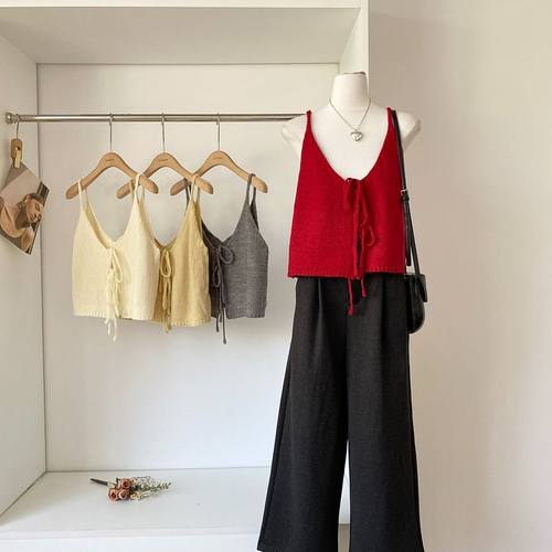 韩系简约百搭甜美纯色蝴蝶结针织叠穿背心吊带女春季新款小众上衣 - 图3