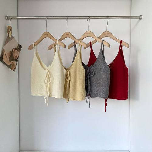 韩系简约百搭甜美纯色蝴蝶结针织叠穿背心吊带女春季新款小众上衣 - 图0