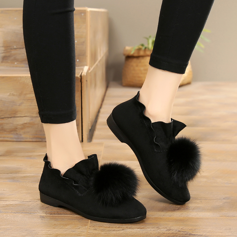 秋冬新款毛毛鞋女鞋老北京布鞋韩版平底加绒豆豆鞋瓢鞋懒人棉鞋子 - 图1