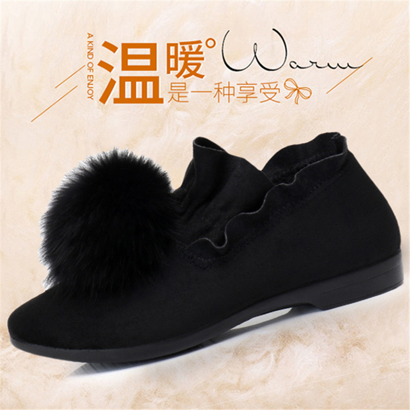 秋冬新款毛毛鞋女鞋老北京布鞋韩版平底加绒豆豆鞋瓢鞋懒人棉鞋子 - 图2