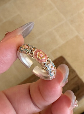 足银手镯9999珐琅精工开口镂空梨花海棠纯银手镯 可调节银镯