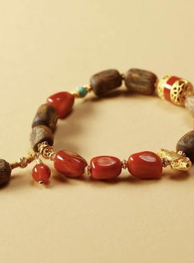 越南芽庄白棋楠随形沉香手串DIY女款本命年手链搭南红火焰纹佛珠