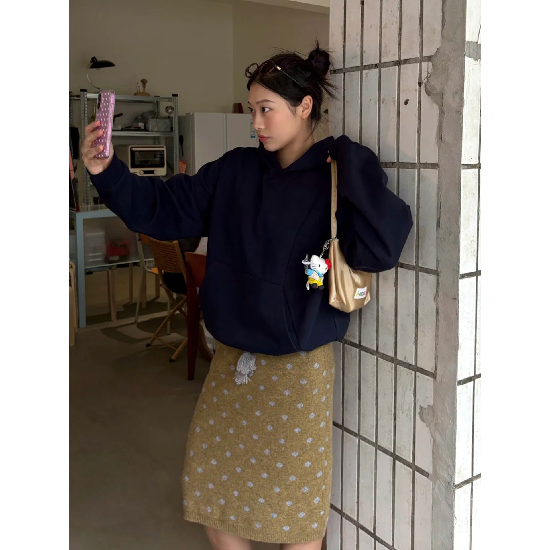 自制日系姜黄色波点直筒针织半身裙女秋冬复古松紧腰包臀毛衣中裙,淘宝优惠券,粉丝福利购,淘宝优惠卷