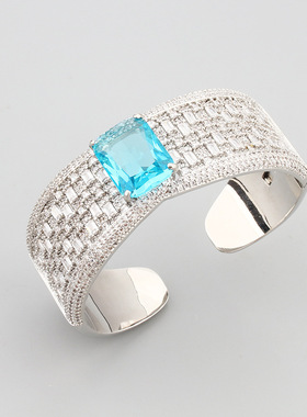 欧美风气质小奢宫廷风微镶锆石天空蓝石开口手镯跨境热款