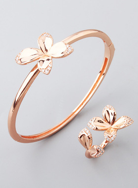 亚马逊新品田园风蝴蝶手镯戒指套装饰品女式镶边锆石时尚饰品