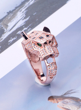 新品亚金豹头戒指镶锆石个性眼睛点缀绿色跨境热款戒指手饰