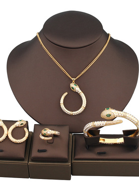 欧美饰品蛇形彩色珐琅首饰套装镀金项链耳环手镯戒指四件套