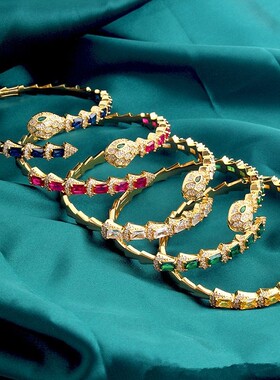 新品复古蛇形微镶彩色石手镯戒指套装多色女式宴会配饰跨境