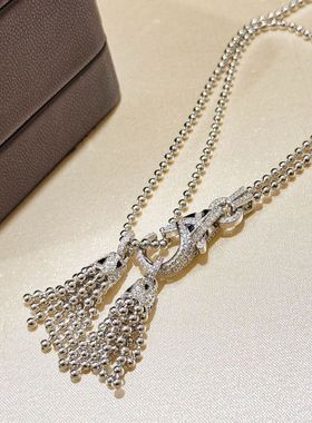 S925纯银 豹纹斑点流苏满钻龙虾扣珠珠双层项链毛衣链多种戴法