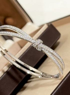 S925纯银 交叉缘系结缘丝带蝴蝶结手镯轻奢镶钻闪钻百搭高级手镯