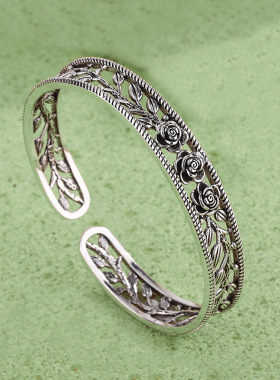 玫瑰花手镯 女士民族风气质个性森系设计感镀银镂空花朵手环