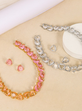 小众个性锁骨链轻奢新款粉色爱心拼接造型套装热卖潮流饰品项链女