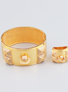 复古拉环菱锥女式创意手镯戒指套装饰品铜镀金微镶锆石