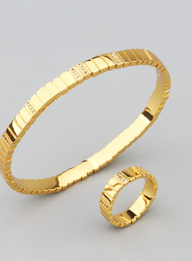 欧式简约铜镀金合成锆石手镯戒指风琴阶梯表带间钻香槟金手镯