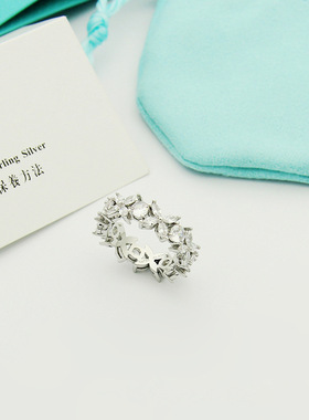 亚金首饰 T字母四叶花马眼钻满钻戒指 女士花簇带钻戒指