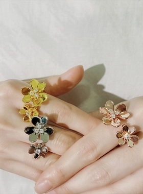 韩版ins风简约光面双花开口戒指女冷淡风小众设计感三叶草食指环
