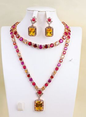 轻奢夸张绿色锆石镀金大气时尚几何四边形气质彩宝女士耳饰项链女