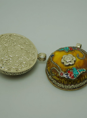 尼泊尔手工仿蜜蜡镶嵌彩石大吊坠