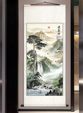 国画海纳百川招财山水画新中式客厅装饰画办公室字画玄关卷轴挂画