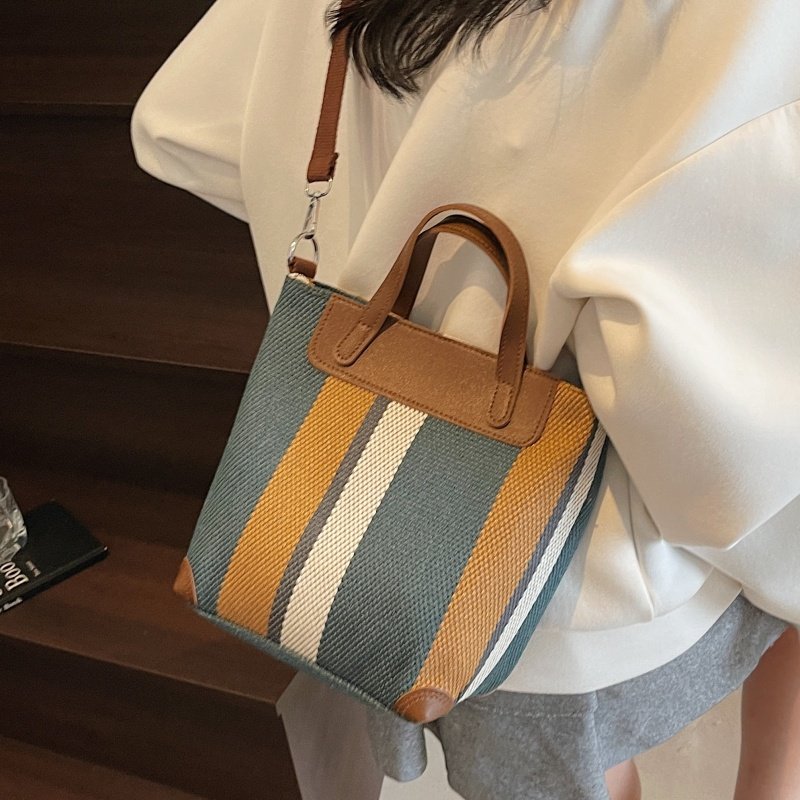 条纹帆布包女2025新款大容量手提通勤包小众百搭单肩斜挎托特小包,淘宝优惠券,粉丝福利购,淘宝优惠卷