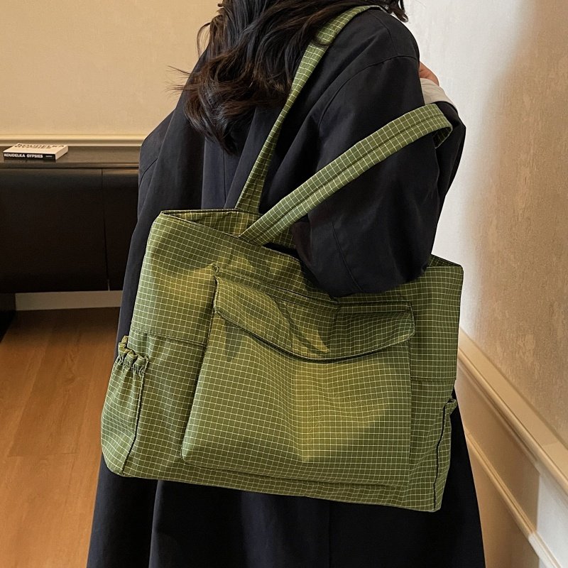 秋冬格纹帆布包包女大容量通勤手提袋小众百搭学生上课单肩托特包,淘宝优惠券,粉丝福利购,淘宝优惠卷