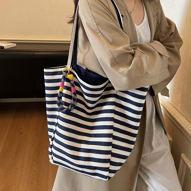 双面条纹大容量托特包女腊肠狗刺绣帆布袋百搭学生上课单肩通勤包,淘宝优惠券,粉丝福利购,淘宝优惠卷