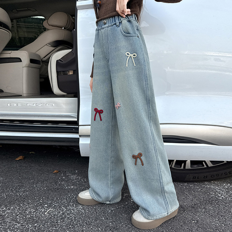 窄版~中大童牛仔裤加绒小女孩毛巾绣加厚长裤女童阔腿裤冬装外穿 - 图0