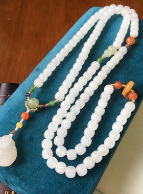 和田玉羊脂玉带佛吊坠手链佛珠