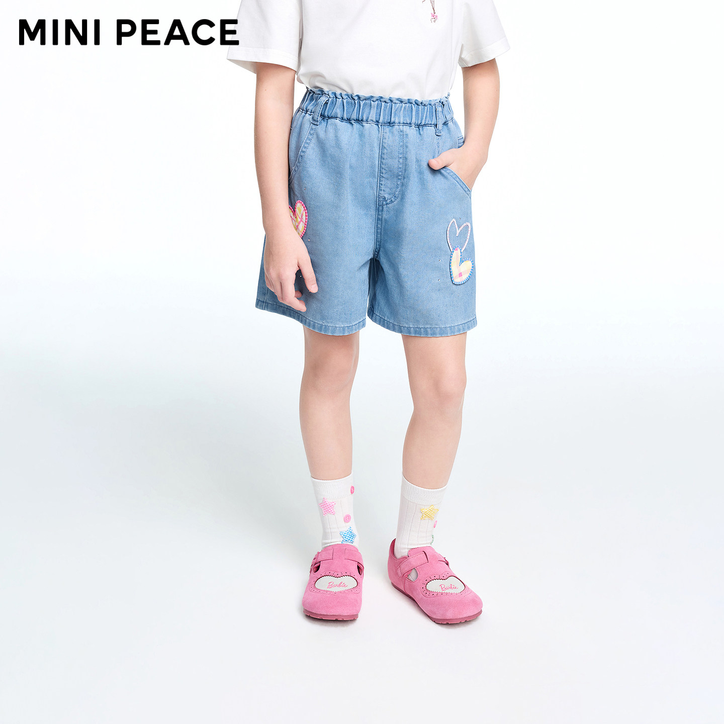 MINIPEACE太平鸟童装女童牛仔短裤夏季薄款儿童格纹贴布五分裤