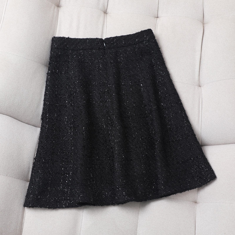 黑色亮丝2021秋冬小香风高腰百褶裙 mzgg木子格格半身裙