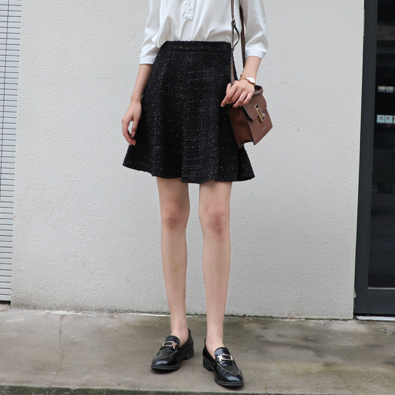 黑色亮丝2021秋冬小香风高腰百褶裙 mzgg木子格格半身裙