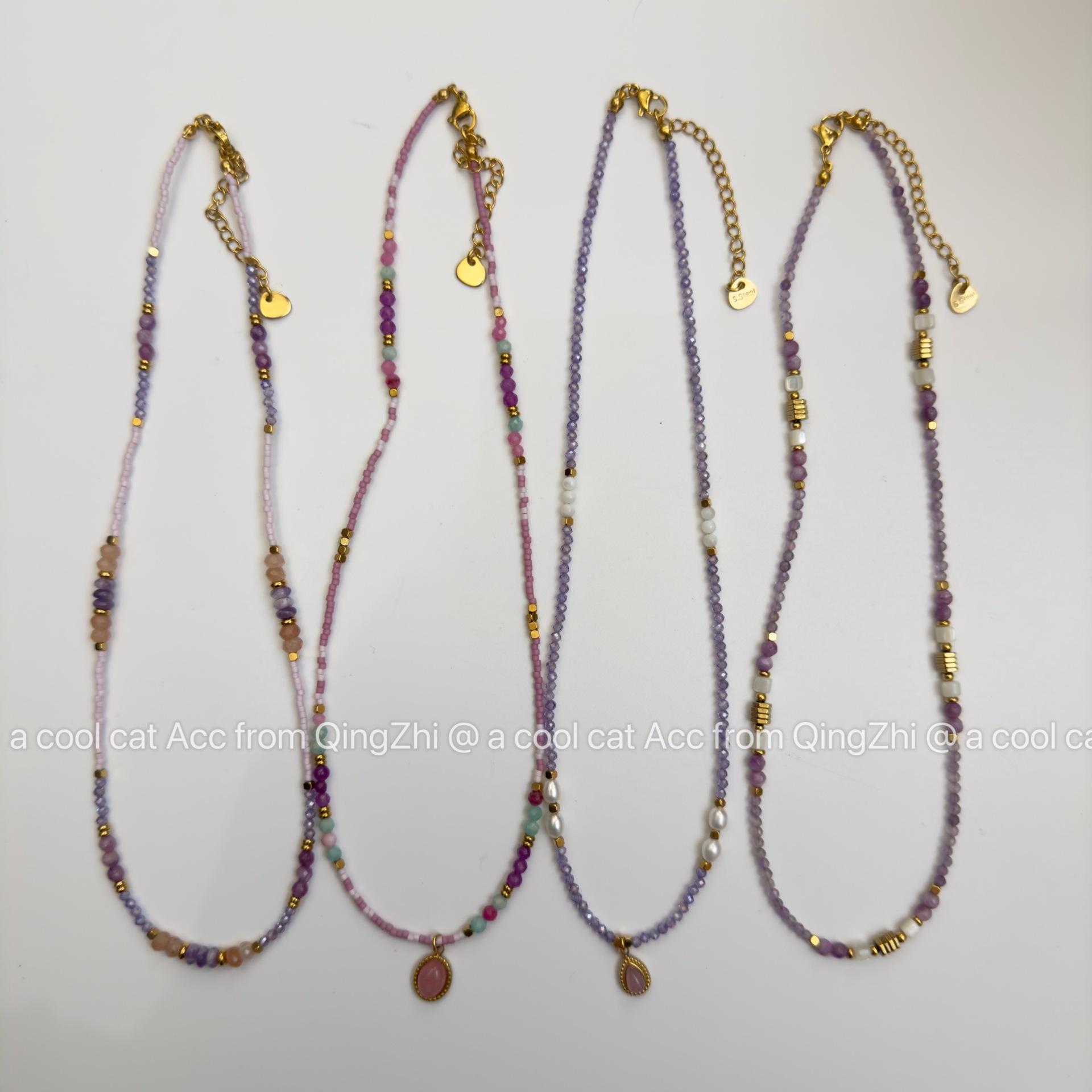 DD家紫粉色混彩天然石珍珠串珠设计极细项链锁骨链简约混搭叠戴-图2