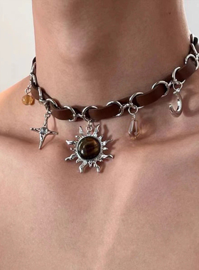 BIZARRE｜棕色太阳皮革拼接项链美拉德小众复古朋克欧美街头项圈