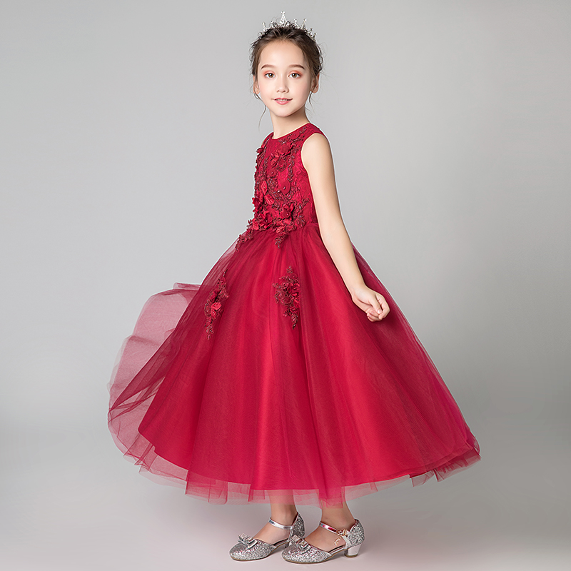 六一儿童节礼服公主裙女童生日高端小花童主持人钢琴演出服红色夏