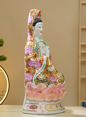 纯手工珐琅彩观世音菩萨佛像坐莲观音陶瓷摆件宗教家居供奉保平安