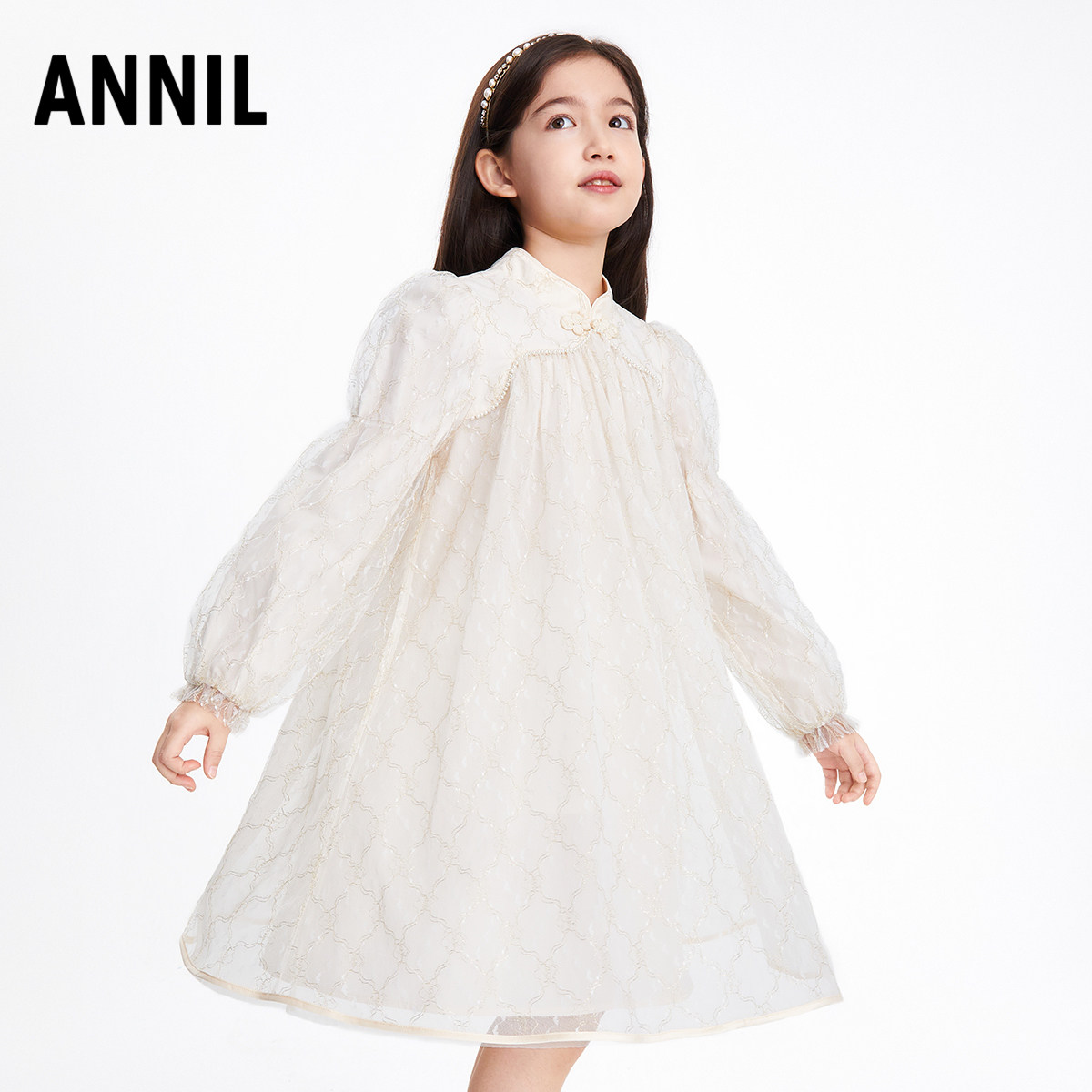 安奈儿女大童汉服唐装长袖连衣裙春秋季款网纱国风立领红色礼服,淘宝优惠券,粉丝福利购,淘宝优惠卷